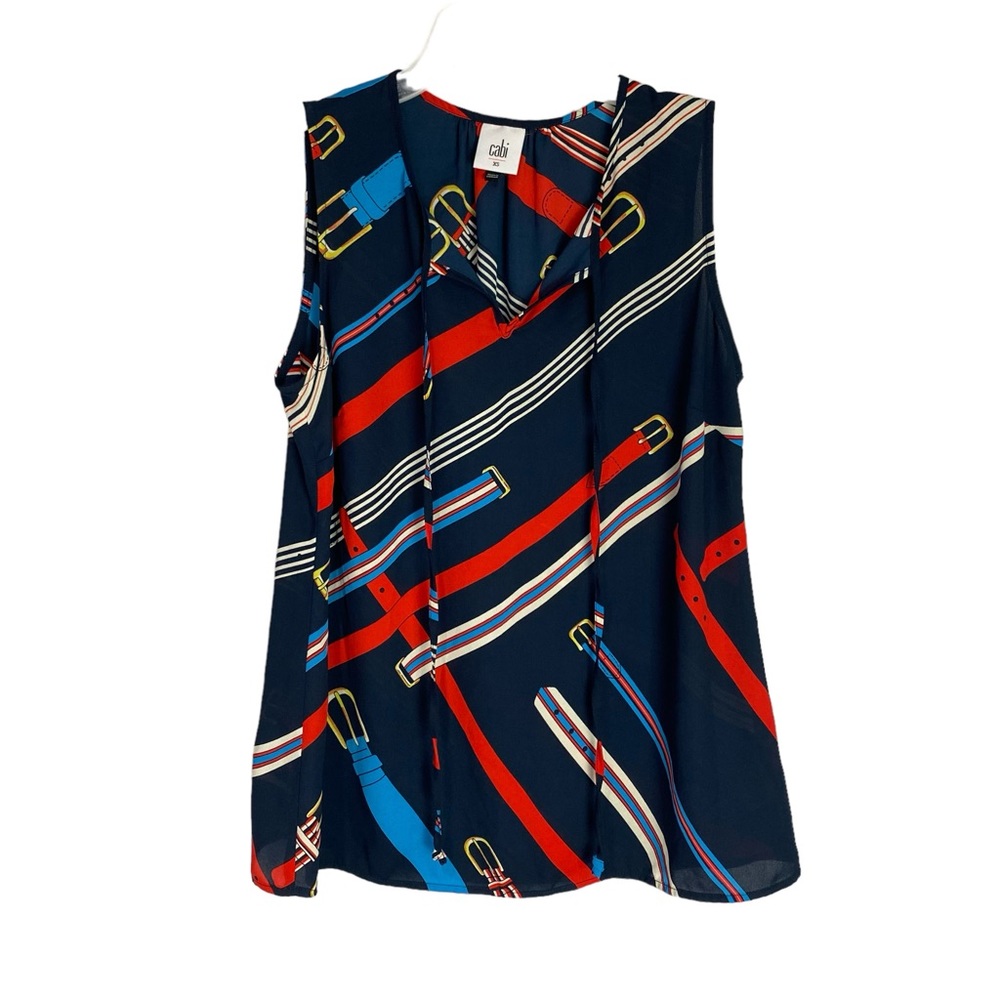 CAbi sleeveless blouse split tie neck red white blue belt print size XS